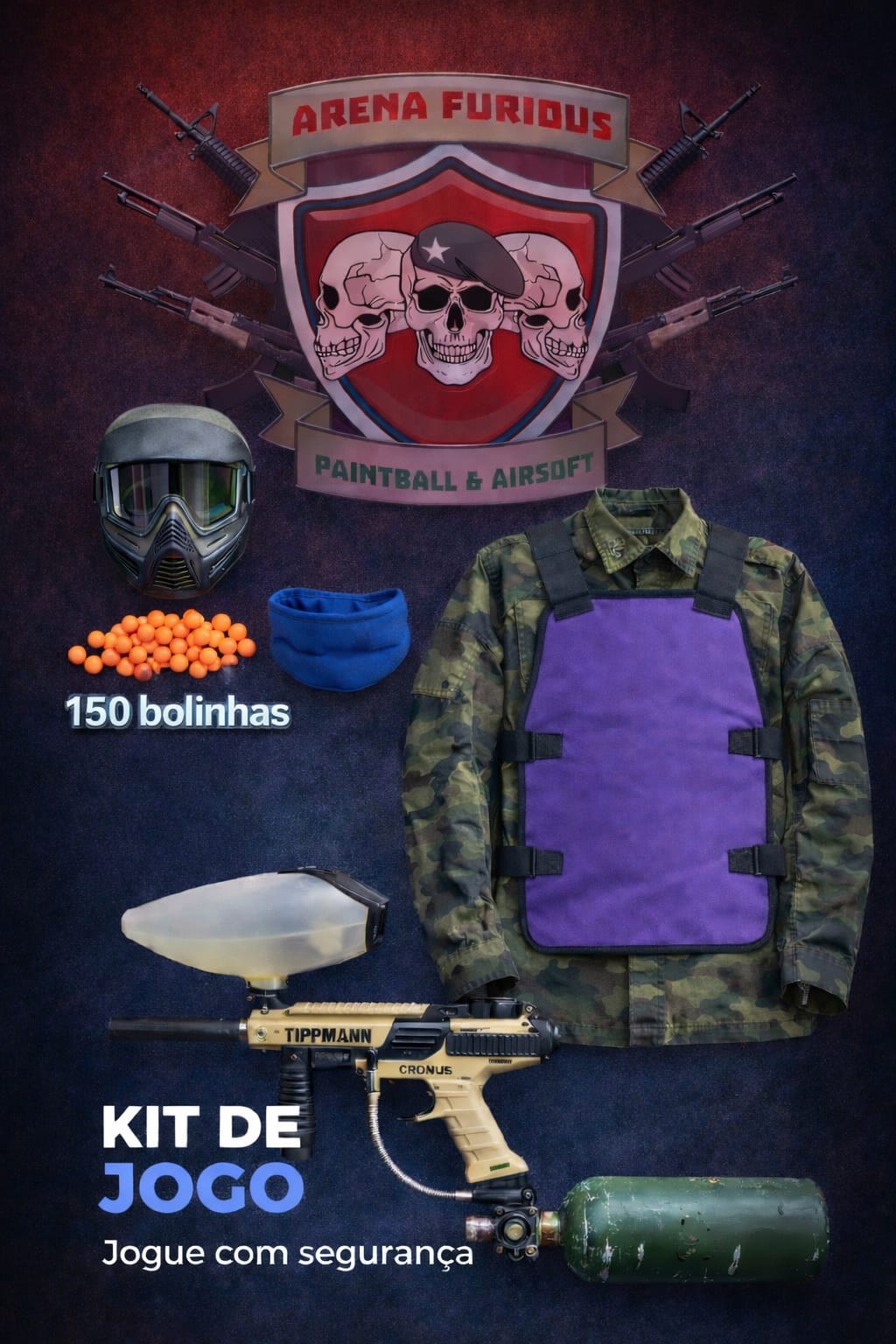 Kit completo da Arena Furious com marcador, cilindro, máscara, proteção de pescoço, gandola, colete e 150 bolinhas